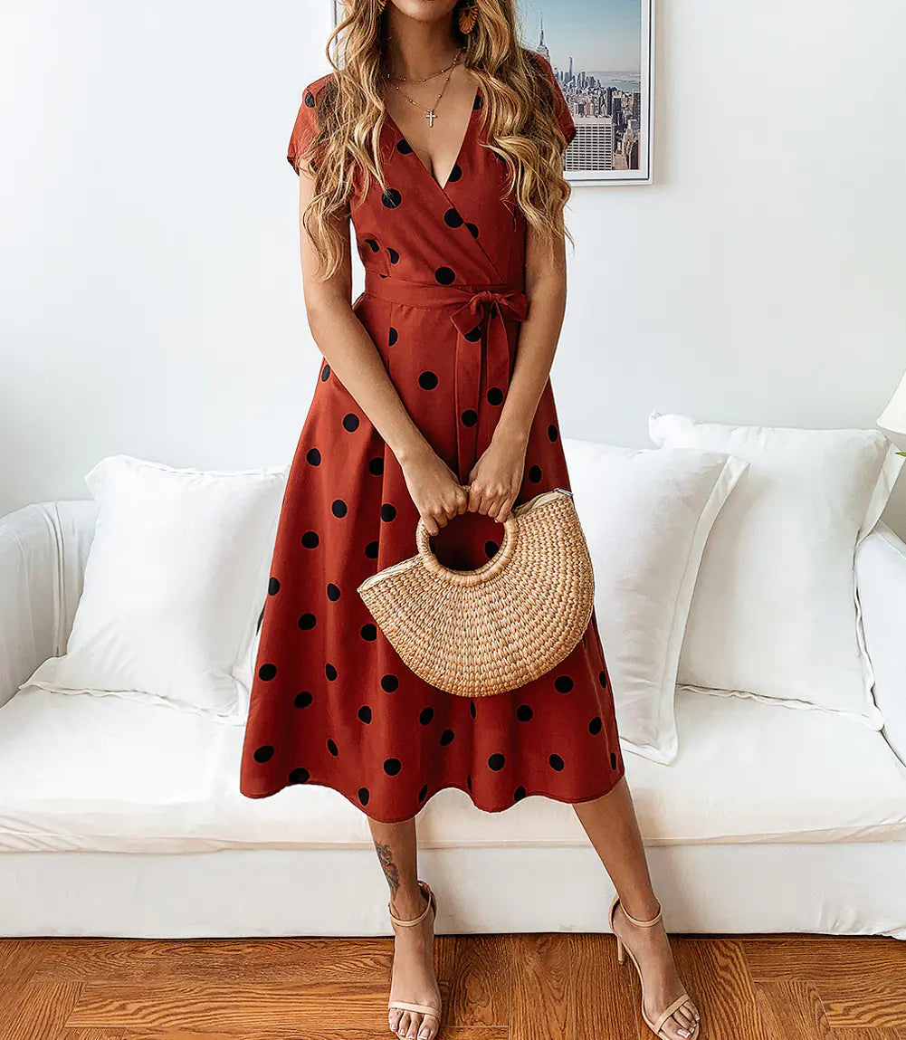 Polka Dot Print Tie Dress - Fashionably Casual