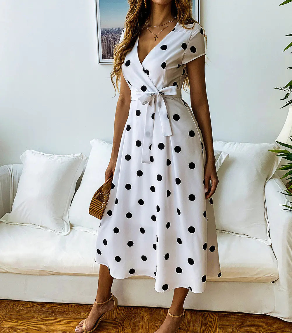 Polka Dot Print Tie Dress - Fashionably Casual