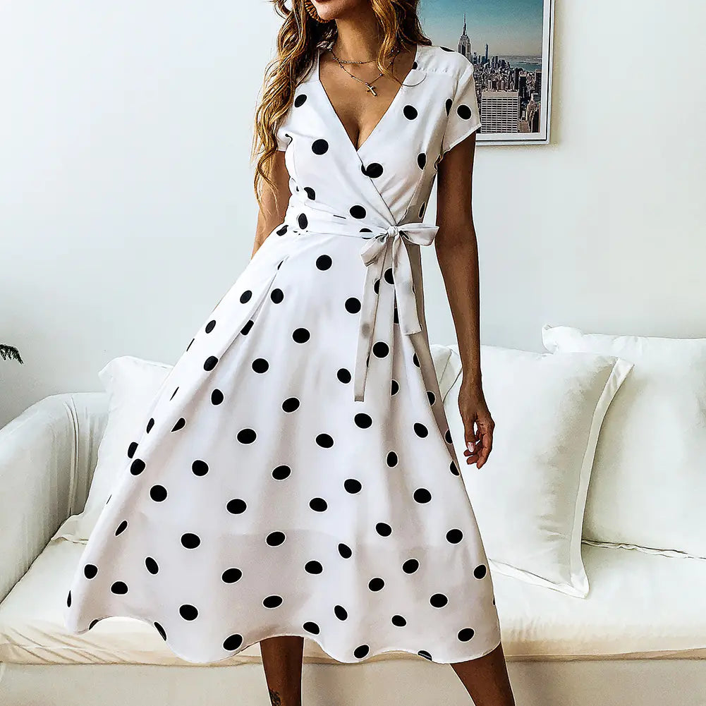 Polka Dot Print Tie Dress - Fashionably Casual