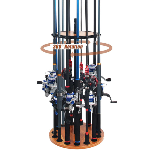 Belicheto Vertical Fishing Rod Holder 360 Degree Rotating Fishing Rod Rack Round Wood Fishing Pole Storage Floor Racks Holds 15 Fishing Rods