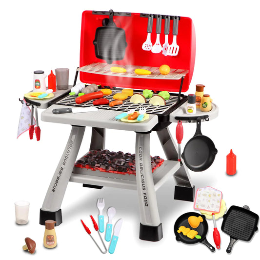 Play Kitchen - Kids Kitchen Playset with Play Food Kitchen Toys Grill with Simulated Smoke Sound & Light 41Pcs Pretend Play Toys Kitchen Set Outdoor Toys for Toddler 3-5
