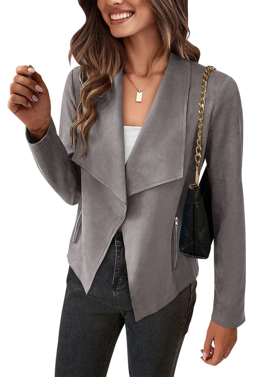 PRETTYGARDEN Womens Open Front Jackets 2024 Fall Fashion Clothes Long Sleeve Cropped Coat Outwear (GreyX-Large)